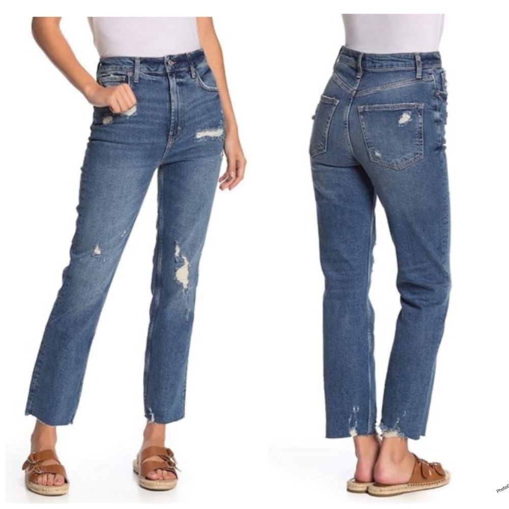 We The Free Light‎ Blue Wash Distressed Frayed Hem Straight Leg Jeans Size 25